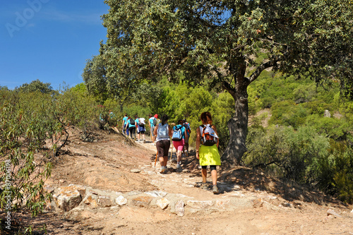 Grupo de mujeres senderistas en el Parque Natural Sierra de Andújar, Sierra Morena, provincia de Jaén, España 