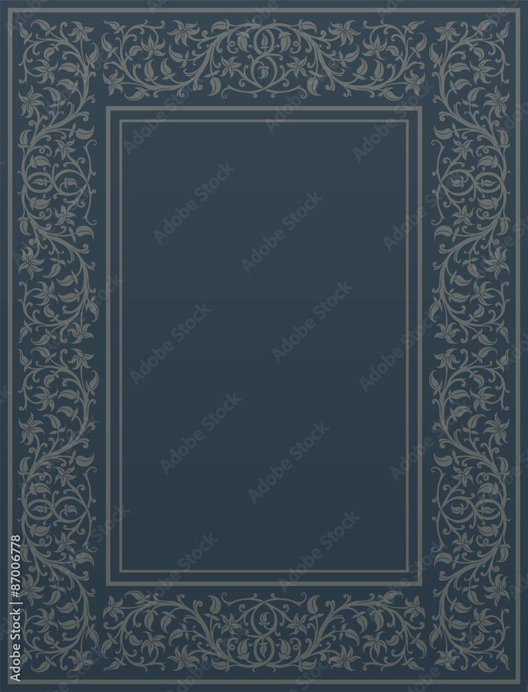 Floral frame in medieval style. Ornament of interwoven stems, foliage and flowers. Vector page decoration