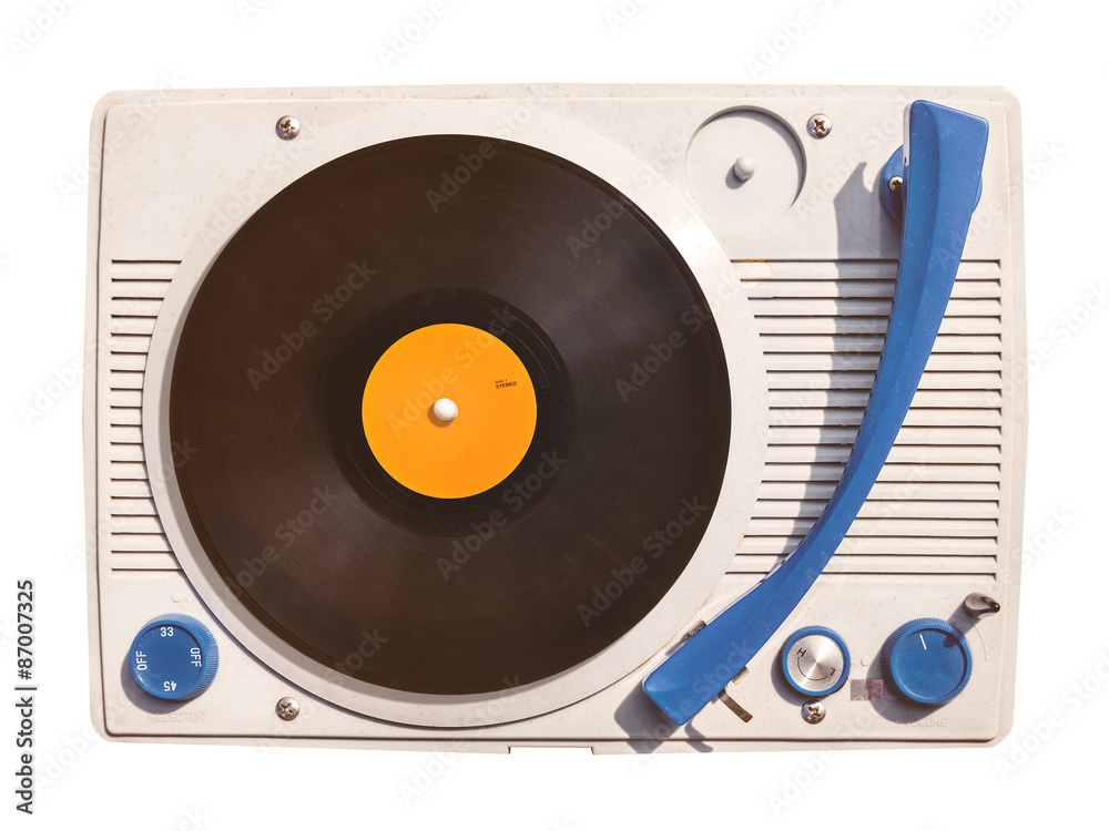 Fototapeta premium Old vinyl turntable player with record isolated on white