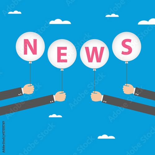 Businessman hand holding balloon with news text on blue sky background