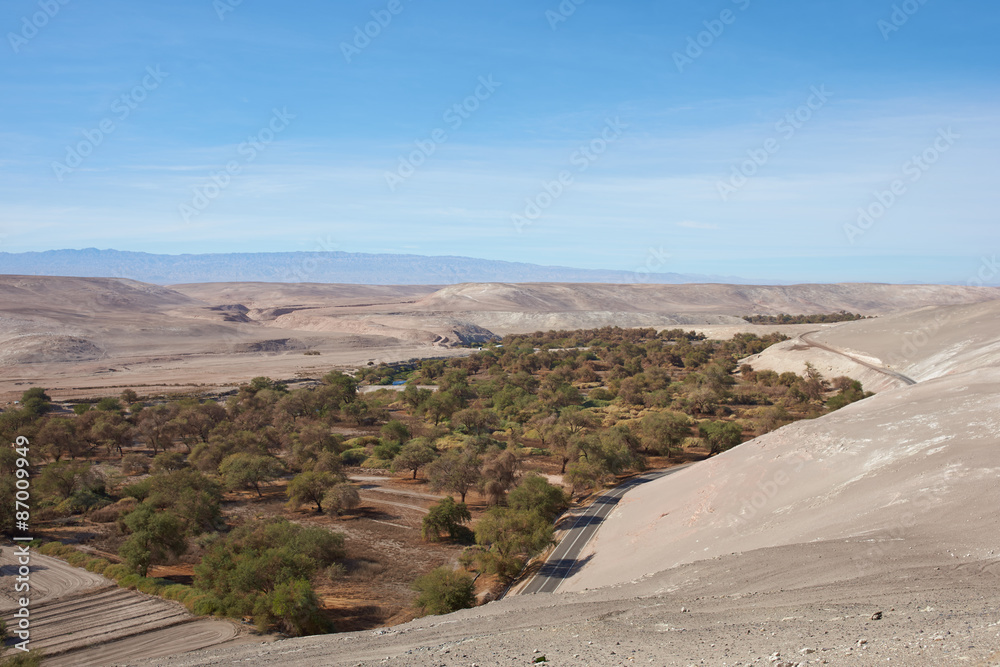 Pan American Highway (Route 5) running south to north for over 3000 km through Chile as it passes through the valley of the Rio Loa in the Atacama Desert at Quillagua in northern Chile. Pan American Highway (Route 5) running south to north for over 3000 km through Chile as it passes through the valley of the Rio Loa in the Atacama Desert at Quillagua in northern Chile.