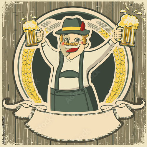 oktoberfest .Vintage label with man and glasses of beer on old b