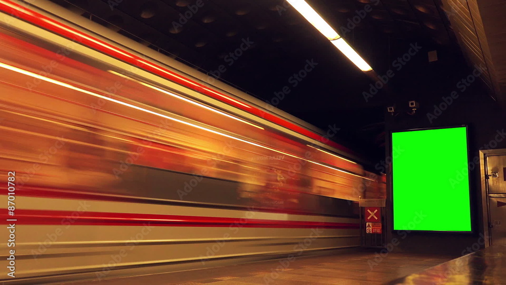 Subway Train with Passengers Arriving to Underground Metro Station, Blank Advertising Poster with Green Screen Matte, Motion Blur Effect