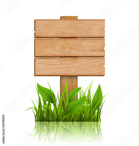 Wooden Signpost with Grass and Reflection on White Background