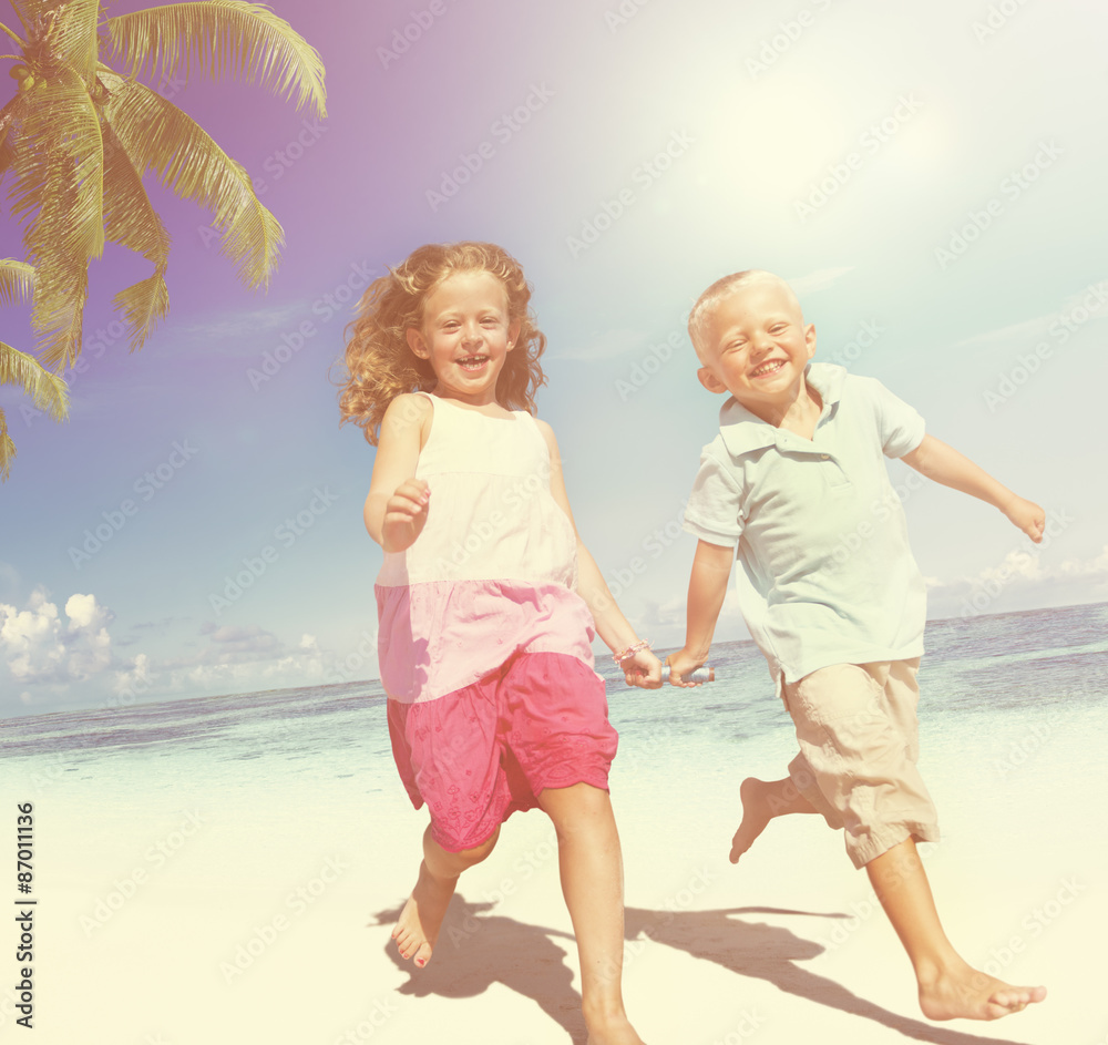Brother Sister Beach Bonding Holiday Travel Concept Brother Sister Beach Bonding Holiday Travel Concept