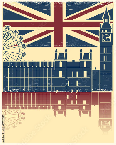 Vintage London poster on old background texture with England fla
