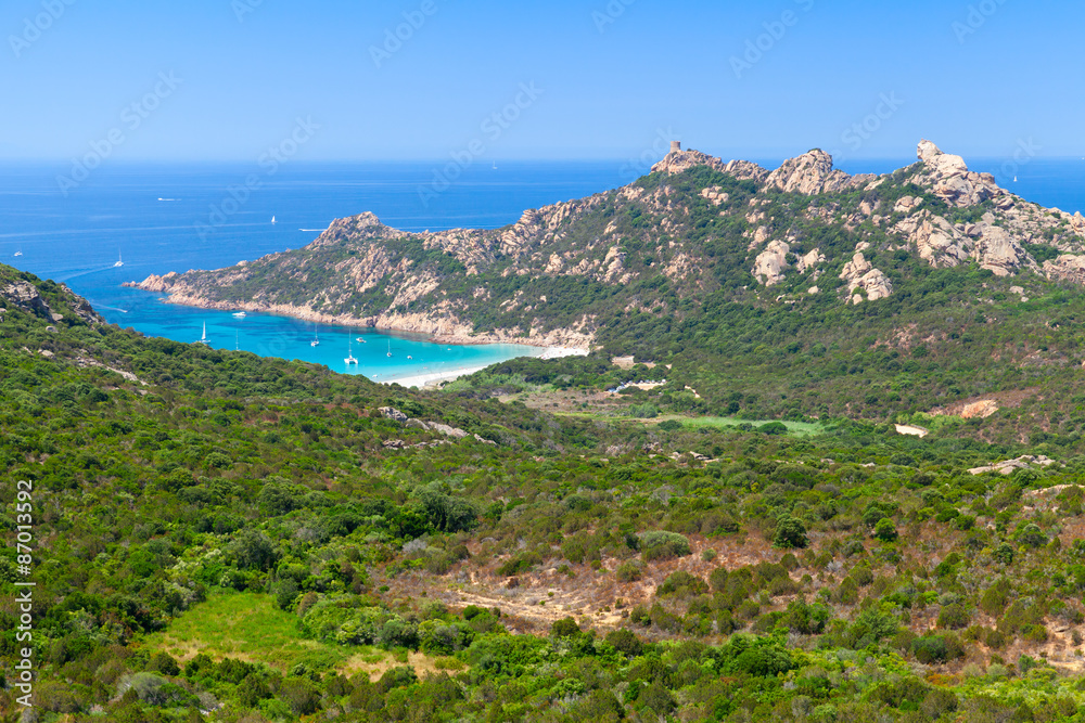 Corsica, landscape with mountains and beach