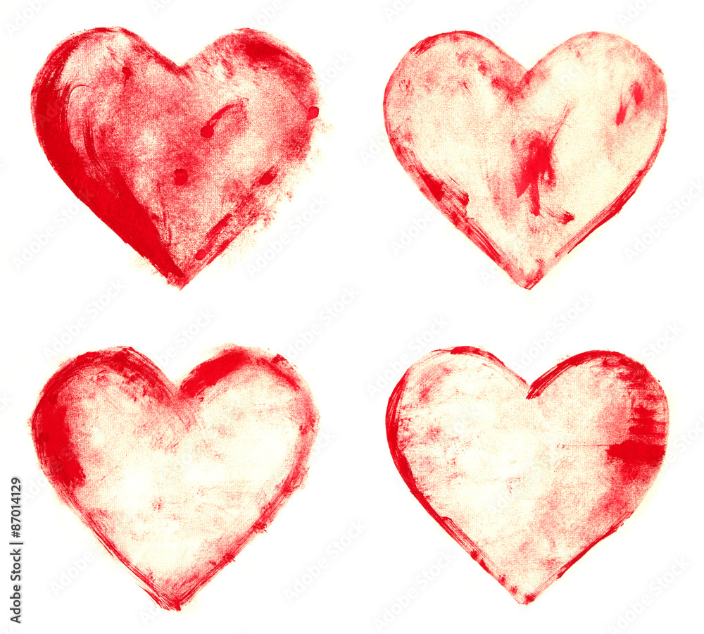 grunge painted red heart shapes set