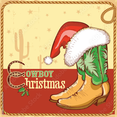 Cowboy christmas card with american boots and Santa hat