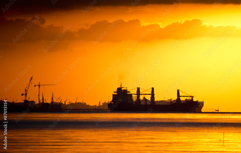 Silhouettes of Cranes and Cargo Ships
