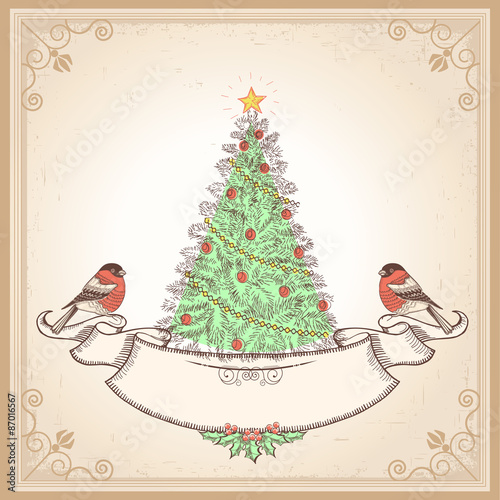 Vintage Christmas card with bullfinches.Vector illustration