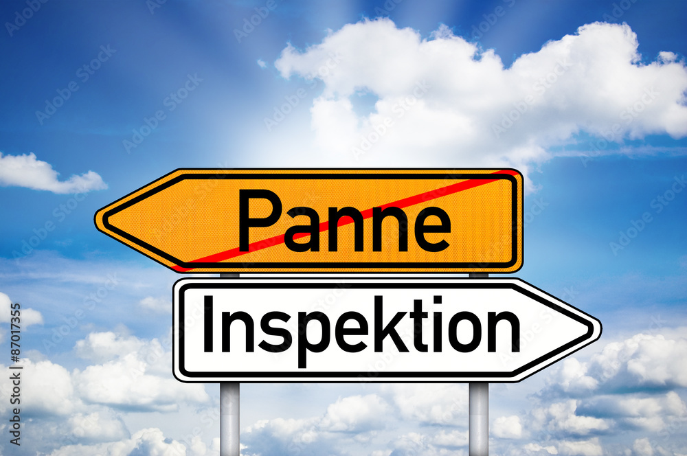 Schild mit Wegweiser Panne und Inspektion Schild mit Wegweiser Panne und Inspektion