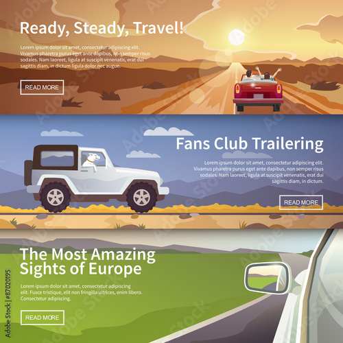 Colourful  vector flat banner set for your business, web sites etc. Quality design illustrations, elements and concept. Journey by car. Fans club trailering. Trip to Europe.