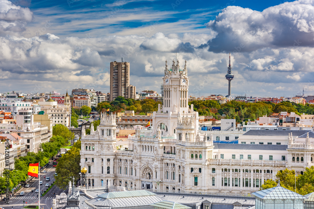 Madrid, Spain cityscape with Communication Palace and Torrespana Tower. - obrazy, fototapety, plakaty 