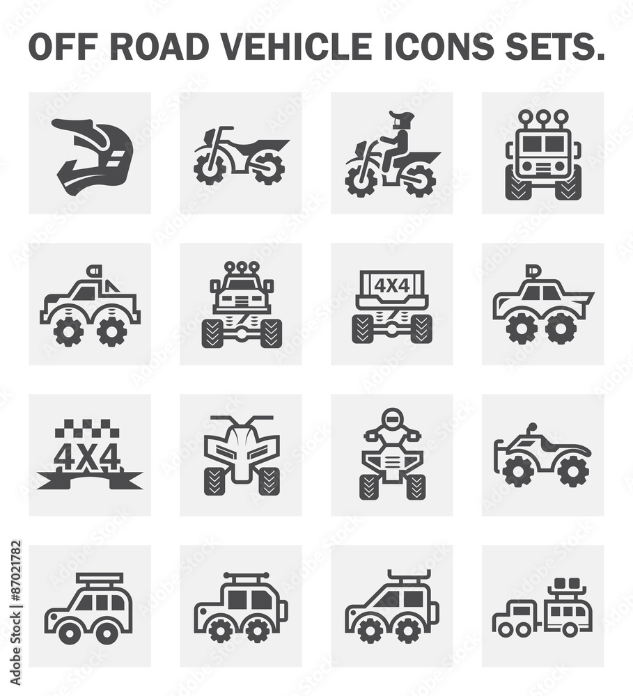 Off road vehicle and accessories vector icon consist of helmet, motocross bike or motorbike, ppv or suv, pickup truck, atv and trailer. Extreme sport racing on dirt trail road. Also travel, camping. Off road vehicle and accessories vector icon consist of helmet, motocross bike or motorbike, ppv or suv, pickup truck, atv and trailer. Extreme sport racing on dirt trail road. Also travel, camping.