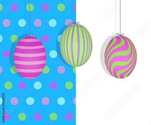 Easter Eggs Hanging on a Blue Polka Dot Background