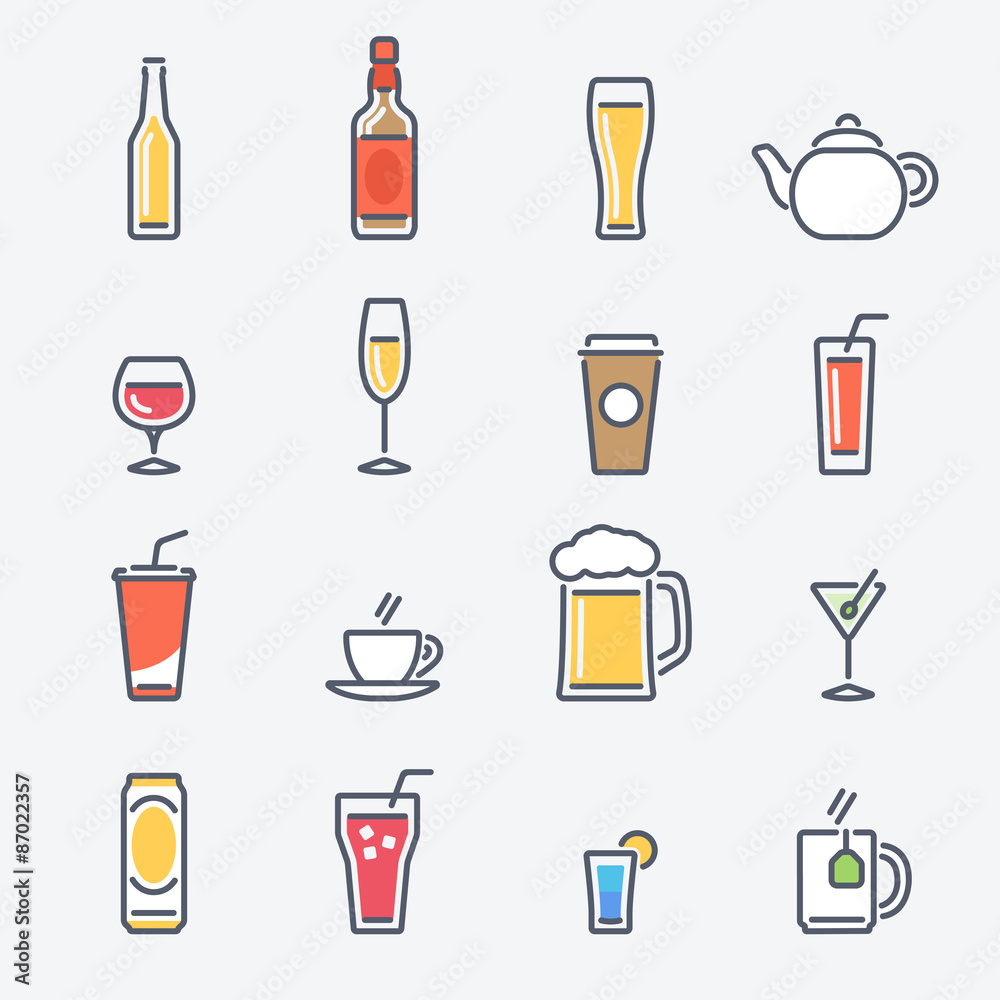 Drinks Icons Set. Trendy Thin Line Design with Flat Elements. Vector Illustration.