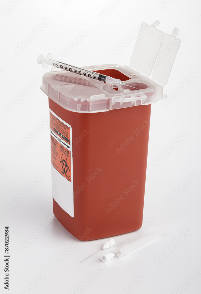 Small size sharps container used for medical and dental waste Stock