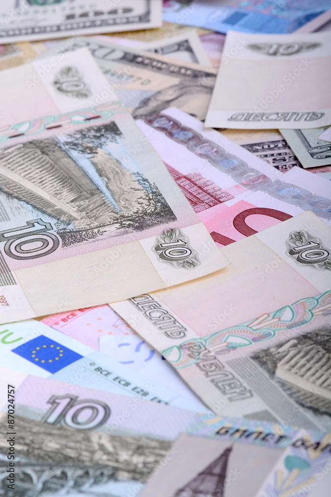 Fototapeta premium Dollars, euros, russian roubles - Money of the world