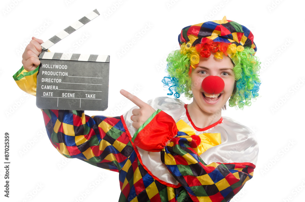Clown with movie clapper isolated on white Clown with movie clapper isolated on white