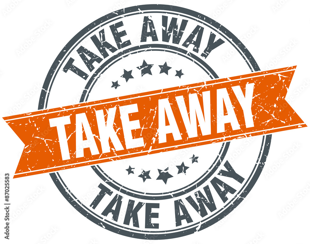 take away round orange grungy vintage isolated stamp