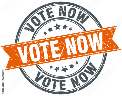 vote now round orange grungy vintage isolated stamp
