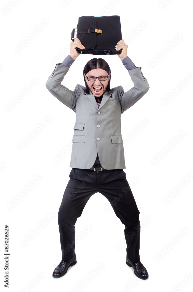 Young businessman in gray suit holding briefcase isolated on Young businessman in gray suit holding briefcase isolated on