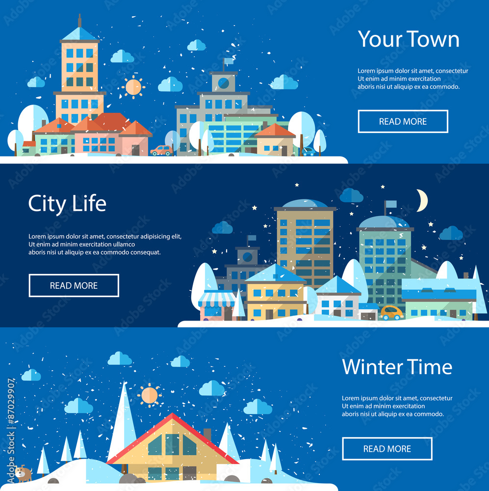 Illustrations of flat urban winter landscape compositions