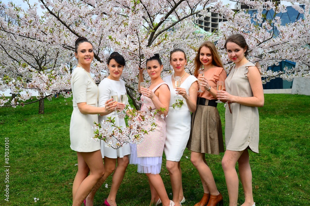 Girls with champagne celebrating in sakura's garden. Girls with champagne celebrating in sakura's garden.