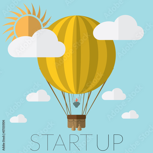 Flat design modern vector illustration of a hot air balloon concept for new business project startup, launching new innovation product, creative start on market