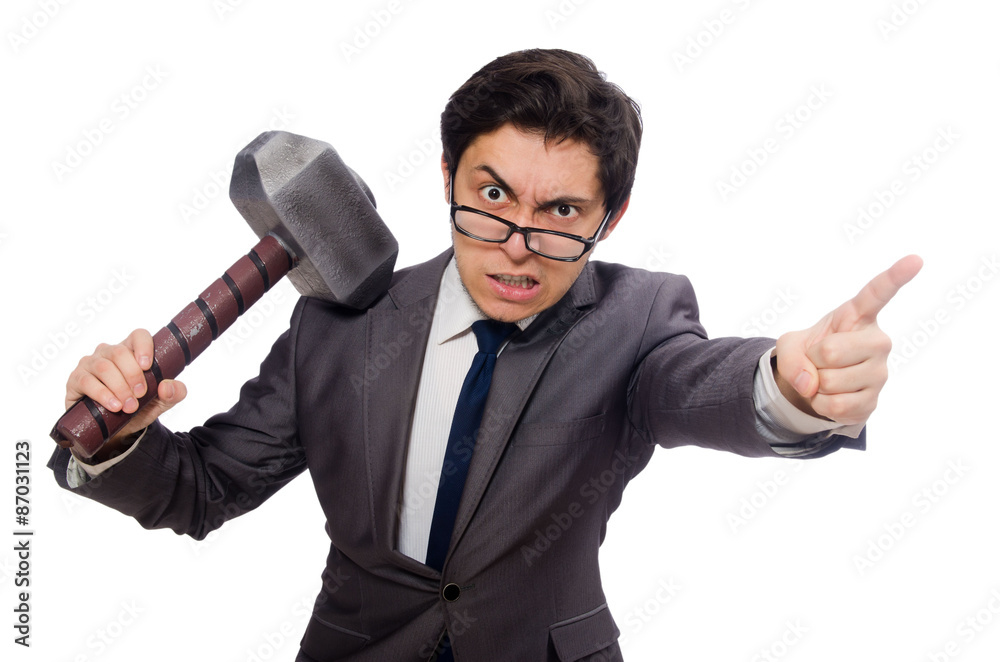 Business man holding hammer isolated on white Business man holding hammer isolated on white