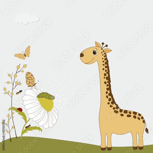  Cute giraffe with chamomile and insects