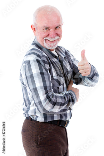 Senior cool old man from profile with white teeth all right gesture thumb up. isolated white background © kulniz