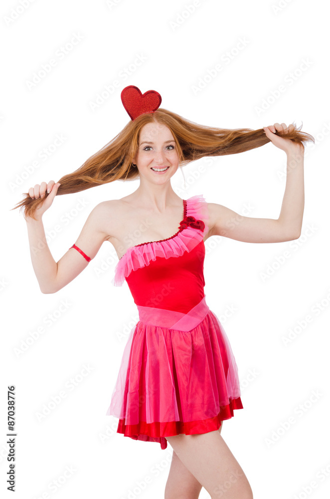 Pretty young model in mini pink dress isolated on white Pretty young model in mini pink dress isolated on white