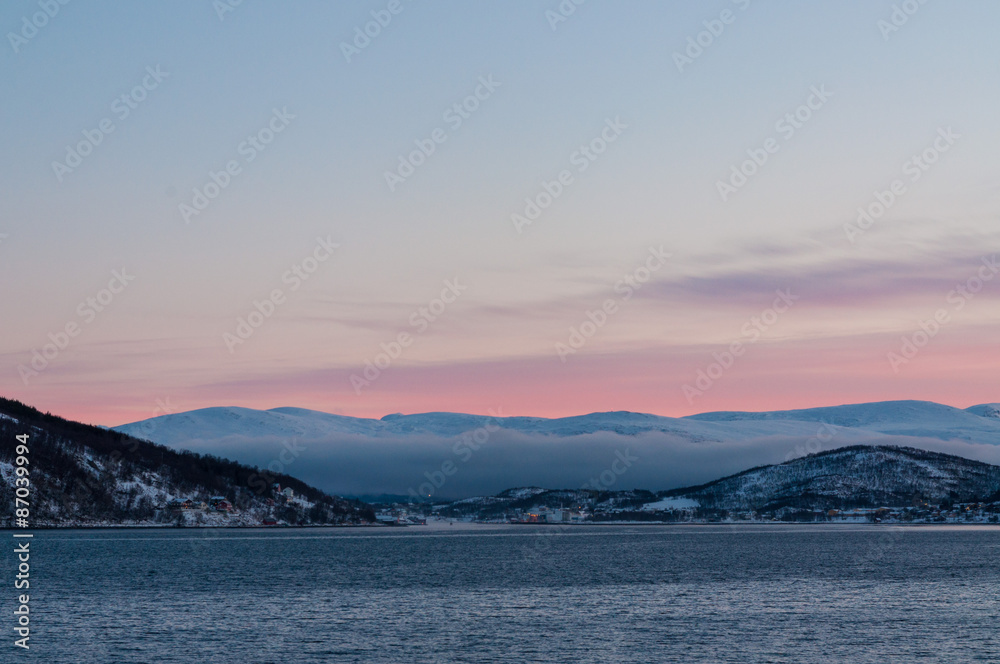 Sunset during Polar Night near Kvaloya village in Norway