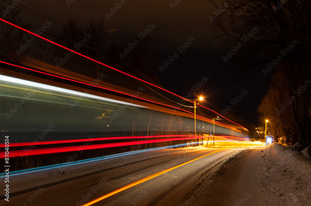 Abstract image of night traffic in Tromso, Norway Abstract image of night traffic in Tromso, Norway