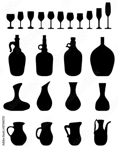 Black silhouettes of wine glasses and bottles, vector