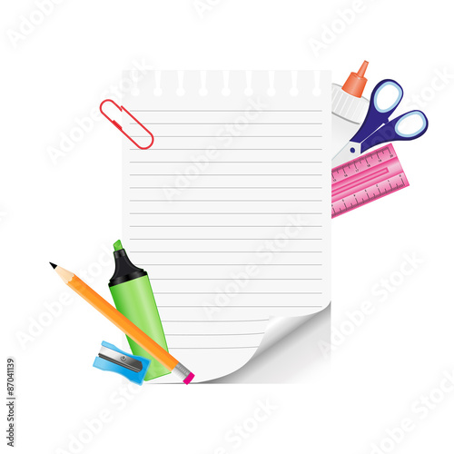 School supplies and empty paper on white background