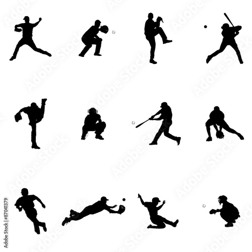 Baseball Set Of Twelve Black Vector Silhouette Illustrations