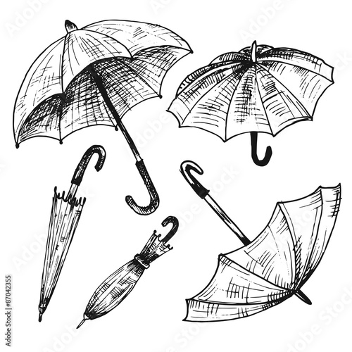 Drawing set of umbrellas. Umbrellas from a rain, female umbrella