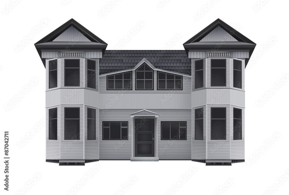 Wooden house illustration. Isolated front view drawn wooden house design illustration.