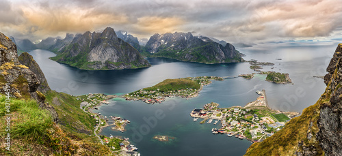 Panorama of mountains and Reine in Lofoten islands, Norway