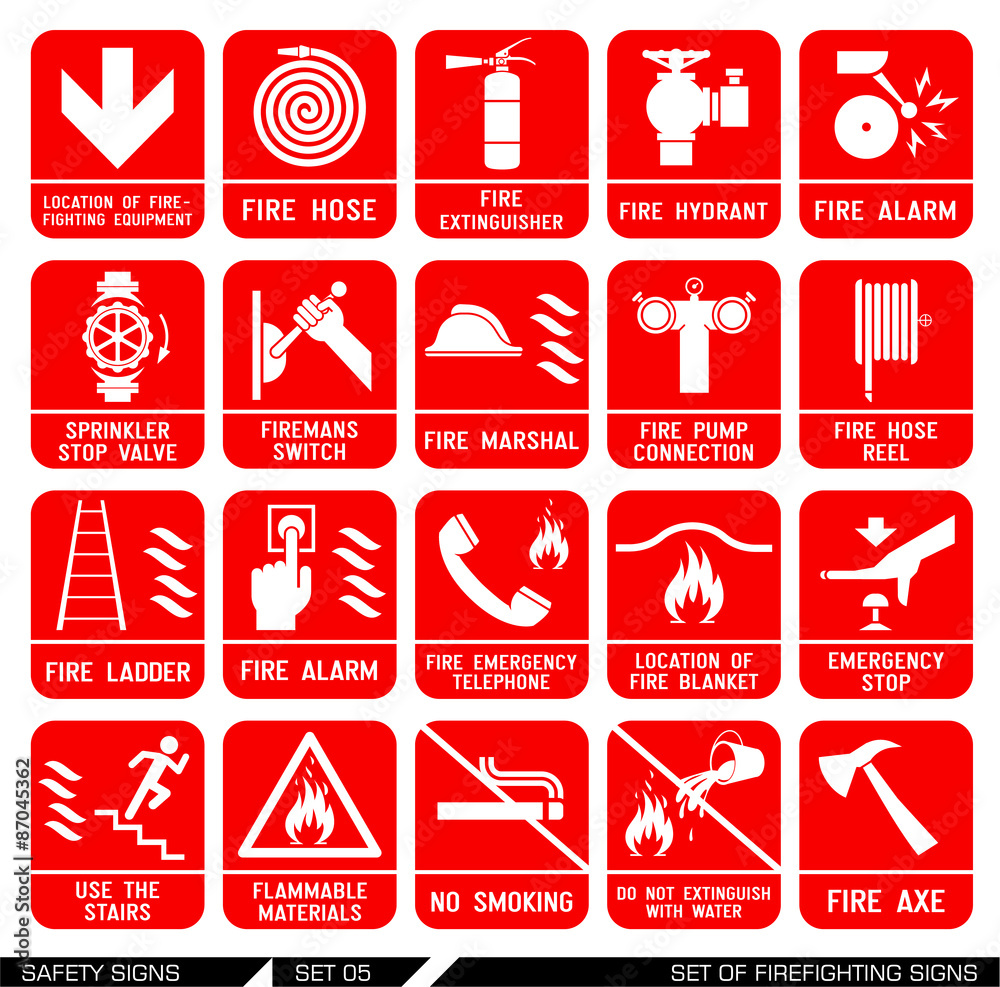 Vecteur Stock Set of safety signs. Firefighting icons. Set of