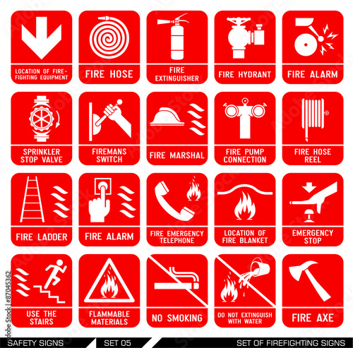 Set of safety signs. Firefighting icons. Set of firefighting signs. Collection of warning signs. Vector illustration. Signs of danger. Signs of alerts. Fire icons.