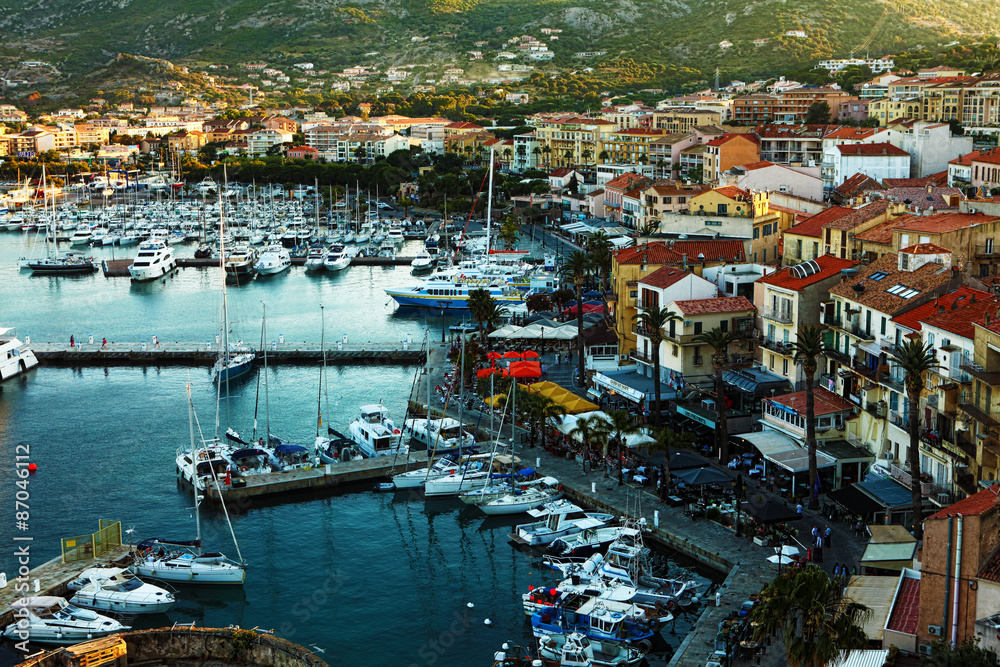 Aerial view of the marina at Calvi, Corsica