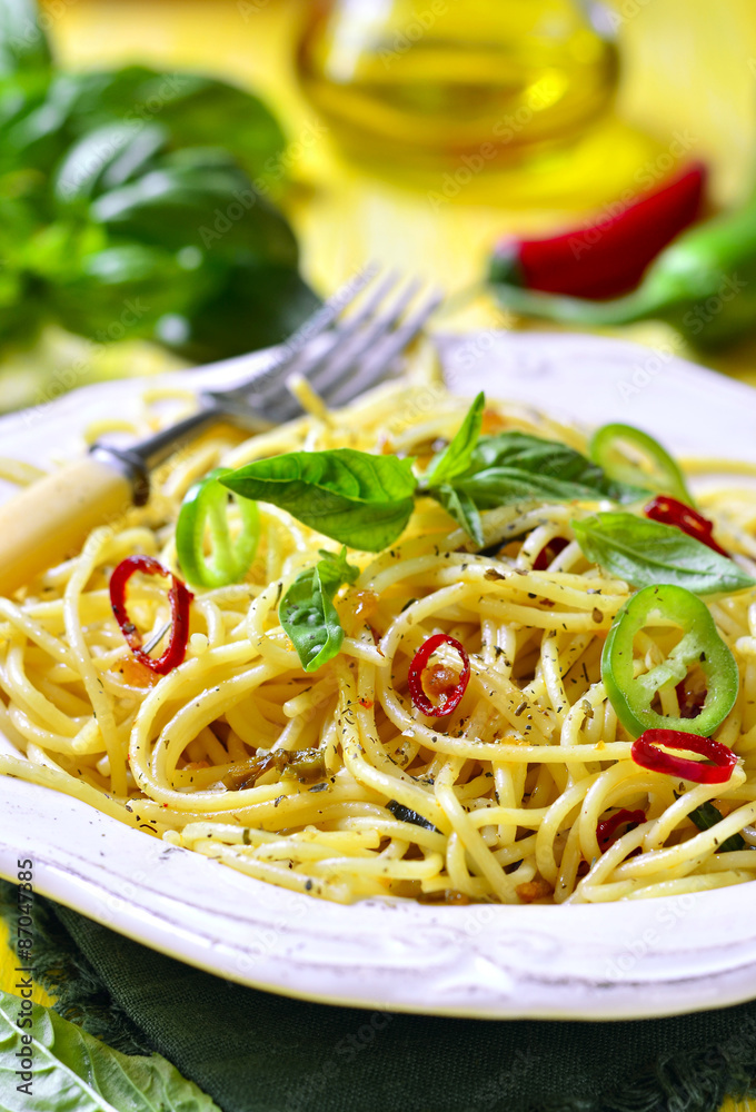 Spaghetti with chili,garlic and basil. Spaghetti with chili,garlic and basil.