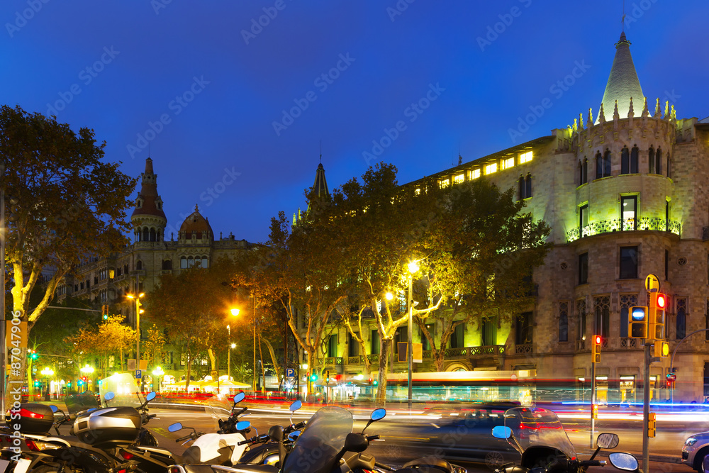 Evening view of Passeig de Gracia in autumn. Barcelona