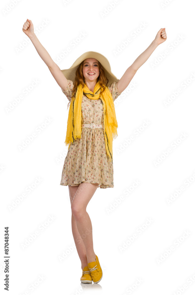 Pretty red hair girl in summer dress isolated on white