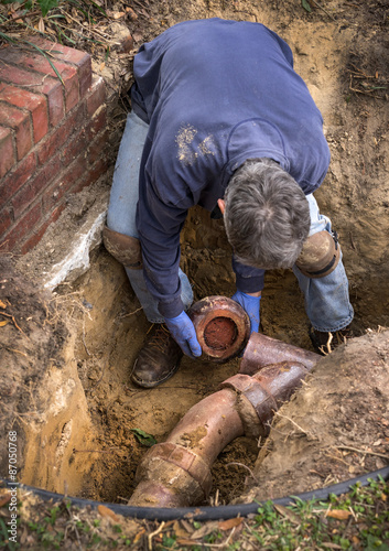 Plumber Working on Old Clay Ceramic Sewer Line Pipes