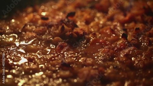 Meal in casserole dish cooking in stove; boiling; 